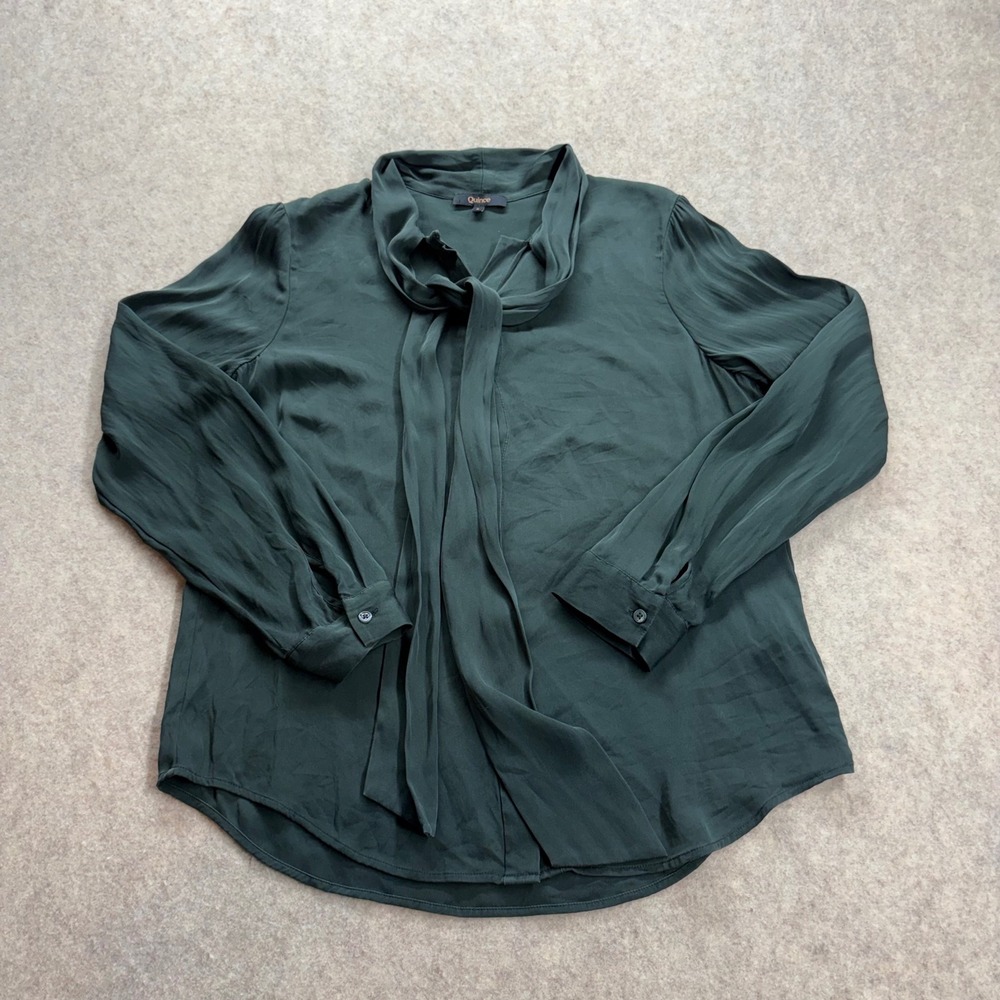 Quince Silk Stretch Tie Blouse Dark Green Button Down Long Sleeve Women's Small